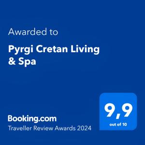 a screenshot of a phone with the text awarded to pyrex cream living and spa at Pyrgi Cretan Living & Spa in Pírgos