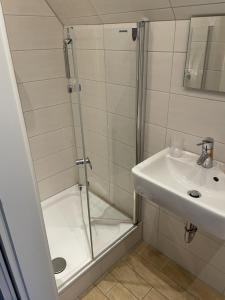 a bathroom with a shower and a sink at Pension Nordwind in Hedwigenkoog