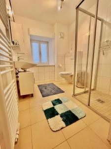 een badkamer met een douche, een wastafel en een toilet bij Obersdorfer Hof in Bad Mitterndorf