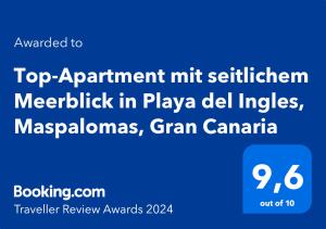 Certifikát, hodnocení, plakát nebo jiný dokument vystavený v ubytování Top-Apartment, 4 OG, seitlicher Meerblick, mit 1 Schlafzimmer im Herzen von Playa del Inglés , Gran Canaria