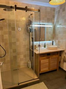 y baño con ducha acristalada y lavamanos. en Maison climatisée 155 m2+jardin, en Puteaux