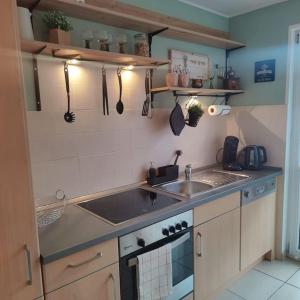 a small kitchen with a sink and a stove at FeWo Hope in Lindwedel