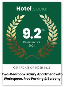 a certificate of excellence with a laurel wreath at Two-Bedroom Luxury Apartment with Workspace, Free Parking & coffee in Birmingham