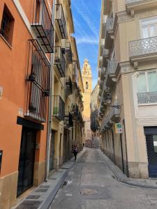 a person walking down an alley between buildings at Cosy studio at the Cathedral with WiFi in Valencia