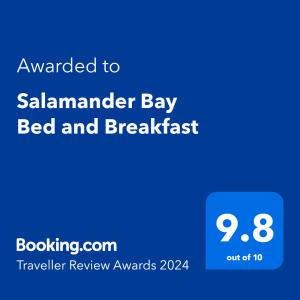 Palkinto, sertifikaatti, kyltti tai muu asiakirja, joka on esillä majoituspaikassa Salamander Bay Bed and Breakfast