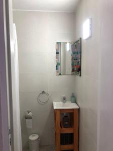 La salle de bains est pourvue d'un lavabo, d'un miroir et de toilettes. dans l'établissement Palermo Embassy, à Buenos Aires