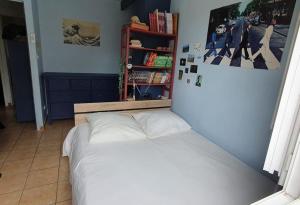 een slaapkamer met een wit bed in een kamer bij Maison la garrigue in Montarnaud