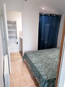 sypialnia z łóżkiem i niebieską zasłoną prysznicową w obiekcie Maison 3 personnes dans village atypique w mieście Talmont-sur-Gironde