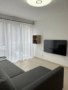 a living room with a couch and a flat screen tv at Appartement - Tournan en Brie a 20min de Disneyland in Tournan-en-Brie