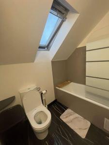 a bathroom with a toilet and a bath tub at T2 Chaleureux et cocooning in Quintin