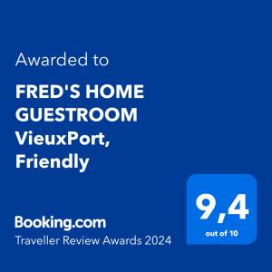 Сертификат, награда, вывеска или другой документ, выставленный в Fred's Home Guestroom VieuxPort Friendly - chez'l'habitant
