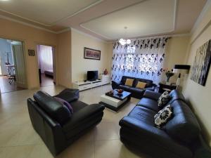 sala de estar con sofás de cuero negro y TV en Elbasan modern apartment city center, en Elbasan