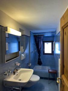 a blue bathroom with a sink and a toilet and a tub at Hotel Ristorante Lagrev in Maloja