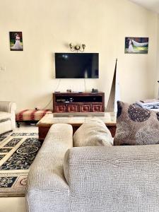 a living room with a couch and a flat screen tv at Westlands Escape-Homestay in Nairobi