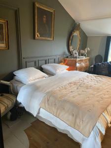 a bedroom with two beds and a mirror on the wall at Maison de Vacances avec Piscine Privée en Dordogne in Boisse