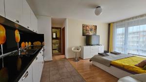 1 dormitorio con 1 cama y cocina con fregadero en 2 Zimmer Wohnung en Sunny Beach