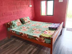 uma cama num quarto com uma parede vermelha em Laughing Buddha hampi guest House em New Hampi mais 14 fotografias