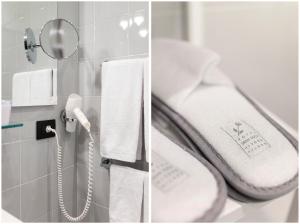 two pictures of a bathroom with a phone and towels at Hotel Gran Duca Di York in Milan