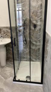 una ducha con una puerta de cristal junto a un lavabo en ROYAL MILANO LINATE APARTMENTS, en Pantigliate