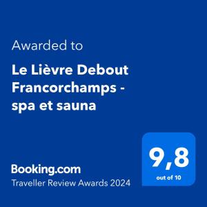 a screenshot of a cell phone with the text awarded to le league discount arrangements spa at Le Lièvre Debout Francorchamps - spa et sauna in Francorchamps