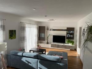 un salon avec un canapé bleu et une télévision à écran plat dans l'établissement Idyllische Ferienwohnung zum Wohlfühlen+Entspannen, à Lichtenstein