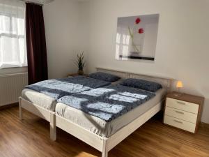 Tempat tidur dalam kamar di Idyllische Ferienwohnung zum Wohlfühlen+Entspannen