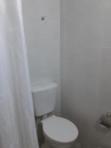 a bathroom with a white toilet and a shower curtain at Palermo Embassy in Buenos Aires