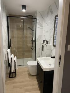 uma casa de banho com um chuveiro, um WC e um lavatório. em Apartament Rose Valley Dwa Zero em Szczytna