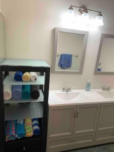 uma casa de banho com um lavatório e um espelho em Private Pool, 18 minutes to universal studios em Kissimmee