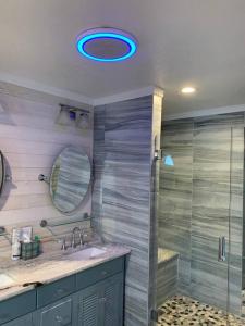 ein Bad mit einer Dusche, einem Waschbecken und einem Spiegel in der Unterkunft Full Kitchen , Dream bathroom will be a memory:) in Kissimmee