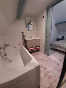 uma casa de banho com uma banheira, um lavatório e uma cama em Gîte de charme, grand confort em Marolles-sous-Lignières
