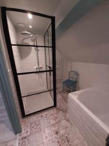 a bathroom with a shower and a bath tub at Gîte de charme, grand confort in Marolles-sous-Lignières