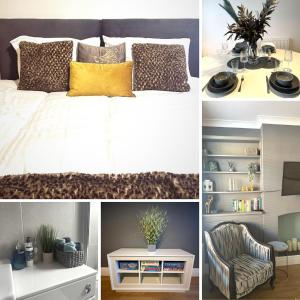 a collage of pictures of a bedroom with a bed and a chair at No.24 in Sandbach