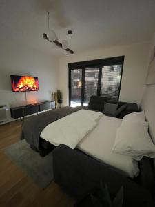 ein Schlafzimmer mit einem großen Bett und einem TV in der Unterkunft Premium Center in Trebinje
