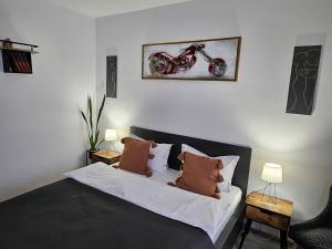 a bedroom with a bed with a motorcycle on the wall at Nico in Piatra Neamţ