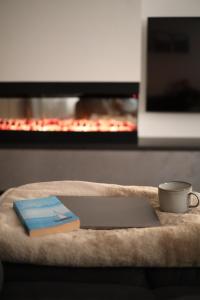 a book and a cup on a table in front of a fireplace at Bodensee Loft - 116 m² Traumwohnung in Uhldingen-Mühlhofen