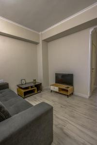 a living room with a couch and a flat screen tv at Quite apartment in Bishkek