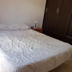 a bed with a white comforter on top of it at Dpto cercano al centro con WIFI in San Luis