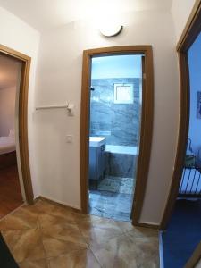 a bathroom with a tub and a sink and a mirror at Casa carților - House of book’s in Bucharest