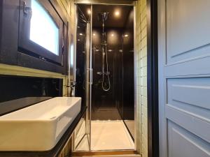 a bathroom with a shower and a sink at The Malvern Hills Courtyard Cabins. (Barbara Cabin) in Great Malvern