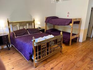 een slaapkamer met 2 stapelbedden met paarse lakens bij "La Loma" - Vieja Casona in El Calafate