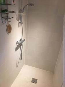 y baño con ducha y pared de azulejos. en Maisonnette en clairière de forêt, en Gambais