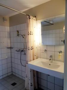 a bathroom with a sink and a shower with a mirror at Hotel Fährhaus GmbH in Woltersdorf