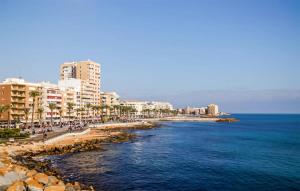 トレビエハにある3 Bedroom Nice Apartment In Torreviejaの建物と海を望むビーチの景色を望めます。