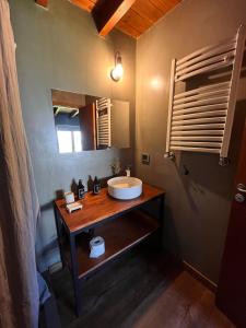 y baño con lavabo y espejo. en La Finca Hostel de Montaña - Habitación Laguna en San Carlos de Bariloche