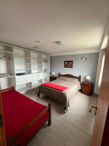 Ushuaia aparts Depto 2 في أوشوايا: غرفة نوم بسرير كبير وبطانية حمراء
