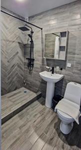 a bathroom with a toilet and a sink and a tub at SkyTerra Park Hotel in Novy Afon