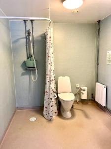 a bathroom with a toilet and a shower curtain at Raftarp - Country side cottage in the woods in Sjöbo