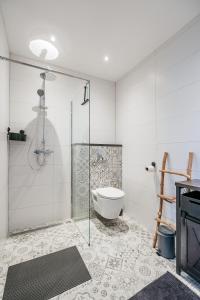 een badkamer met een glazen douche en een toilet bij Klooster Achthuizen in Achthuizen