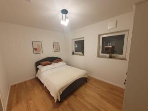 1 dormitorio con 1 cama y 2 ventanas en Helle 3 Zimmer Souterrainwohnung in einem Neubau-Villa, en Múnich